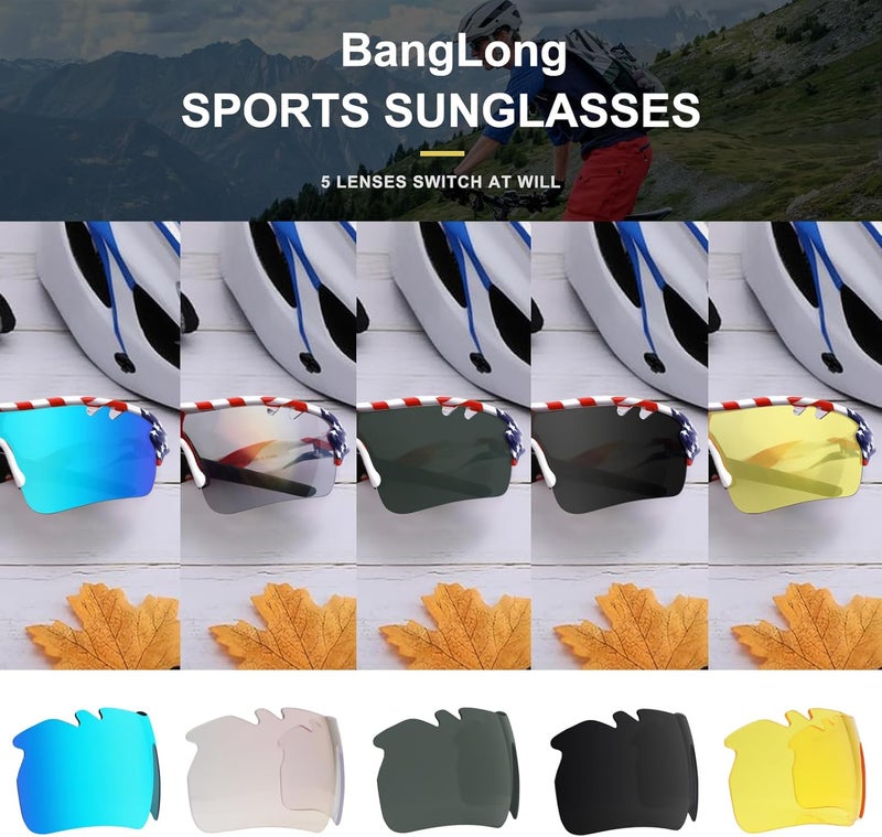 BangLong Polarized Sports Sunglasses Cycling Sun Glasses for Men Women with 5 Interchangeable Lenes for Running Baseball Golf - Image 2